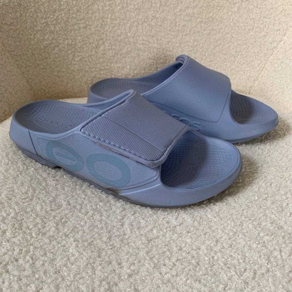 OOFOS OOahh Sport Flex Slide Comfort Sandals Light Blue Women's 7 Men's 5 Unisex